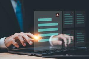 Accountant checking steps through virtual online document with list of checkboxes Concepts of practices and policies, company articles of association Terms and Conditions ,document system photo