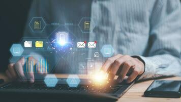 Data protection concept and secure internet security access ,cyber security technology ,Login to online database with your username and password ,Accountant showing office document auditing photo