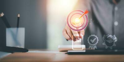 businessman showing business goal setting concept ,Target Growth development planning ,Organizational growth and objectives , marketing strategy planning ,Targeted growth of the organization photo