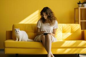 Girl sitting on a yellow sofa and stroking a white cat photo