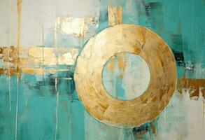 Abstract painting in black and turquoise with gold shapes, in the style of textured backgrounds photo
