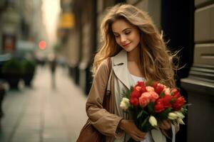 Girl walking down the street with a bouquet of flowers photo