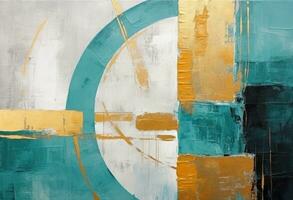Abstract painting in black and turquoise with gold shapes, in the style of textured backgrounds photo