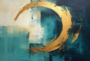 Abstract painting in black and turquoise with gold shapes, in the style of textured backgrounds photo