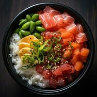 Hawaiian poke bowl on dark background photo