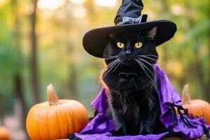 Black cat in a purple hat sits on a broomstick - photo