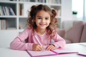 A girl in a pink T-shirt sits at a white table and draws photo