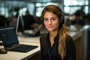 An office woman smiling with a headset on her computer, photo