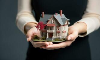 Woman holding house model in hands, real estate concept - AI Generative photo