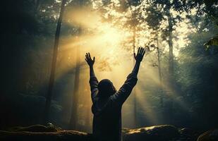 A man praying in a rays of light scene - AI Generative photo