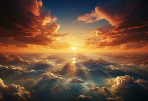 Beautiful sunset above clouds with rays of light - AI Generative photo