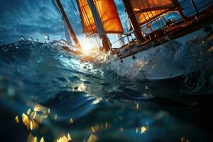 Sailing boat in the sea with splashe photo