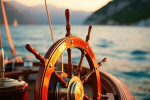 Steering wheel of a sailing ship photo