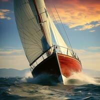 Sailing yacht in the sea at sunset photo