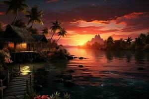 Tropical island at sunset - AI Generative photo