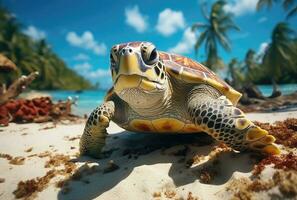 verde mar Tortuga en un tropical playa - ai generativo foto