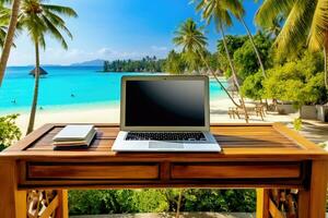 Working in the best place. Desk and laptop on a beach - AI Generative photo