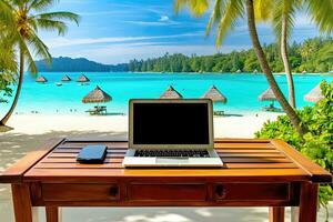 Best office ever. Desk with computer on a tropical beach - AI Generative photo