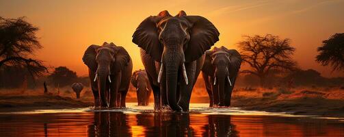 Elephants in the water at sunset - AI Generative photo