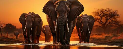 elefantes en el agua a puesta de sol - ai generativo foto