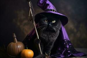 Black cat in a purple hat sits on a broomstick - photo