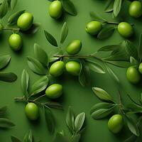 Seamless pattern with green olives with leaves background - AI Generative photo