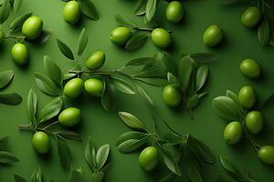 Seamless pattern with green olives with leaves background - AI Generative photo