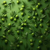 Seamless pattern with green olives with leaves background - AI Generative photo