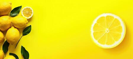 Slice of lemon on yellow background. Top view with copy space - AI Generative photo