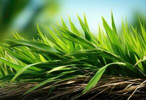 Close up of green grass with blue sky background. Nature background - AI Generative photo