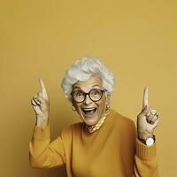 Elderly woman with fingers up. Copy space - AI Generative photo