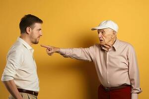 un mayor hombre discutiendo con un joven hombre - ai generativo foto