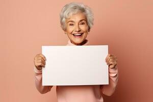 Cheerful senior woman holding white sheet of paper and looking at camera - AI Generative photo