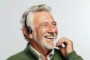 Happy elderly man with headphones - AI Generative photo