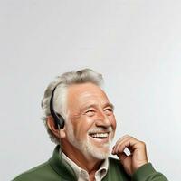 Happy elderly man with headphones. Copy space - AI Generative photo