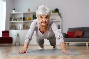 Elderly woman doing push-ups - AI Generative photo