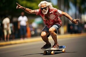 Elderly kateboarder riding a longboard on the road - AI Generative photo