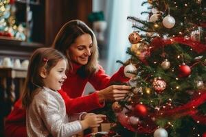 mujer y niña Decorar Navidad árbol con juguetes foto