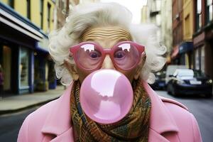 Elderly woman with bubble gum - AI Generative photo