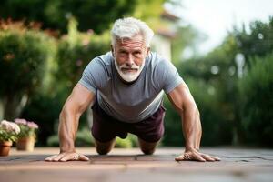 Senior man doing fitness excercises - AI Generative photo