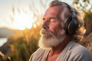 Senior man listening with headphones - AI Generative photo