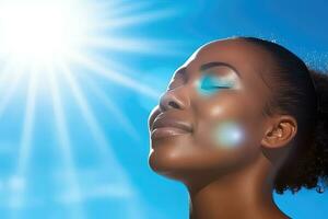 African american woman with sun rays - AI Generative photo