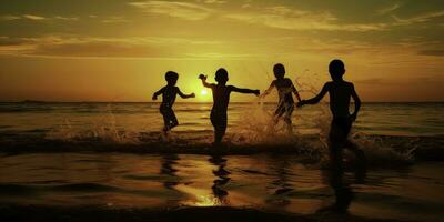 niños jugando en el playa a puesta de sol - ai generativo foto