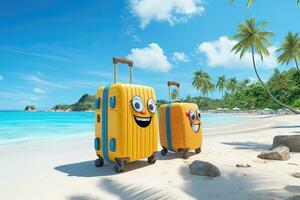 sonriente maletas en un tropical playa - ai generativo foto