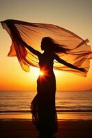 Silhouette of woman waving a scarf at sunset - AI Generative photo