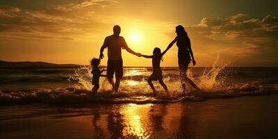 Happy family playing on the beach at sunset - AI Generative photo