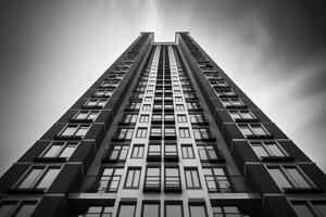 Black and white photo of the architecture of high-rise buildings. art