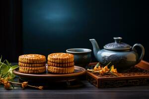 Pastel de luna y té, chino medio otoño festival alimento. ai generativo foto