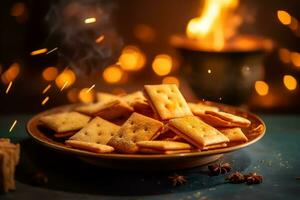 indian sweet food and fire crackers served in plate showing diwali concept.ai generative photo