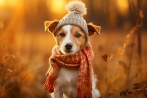 cute dog in a hat and scarf on an autumn background.ai generative photo